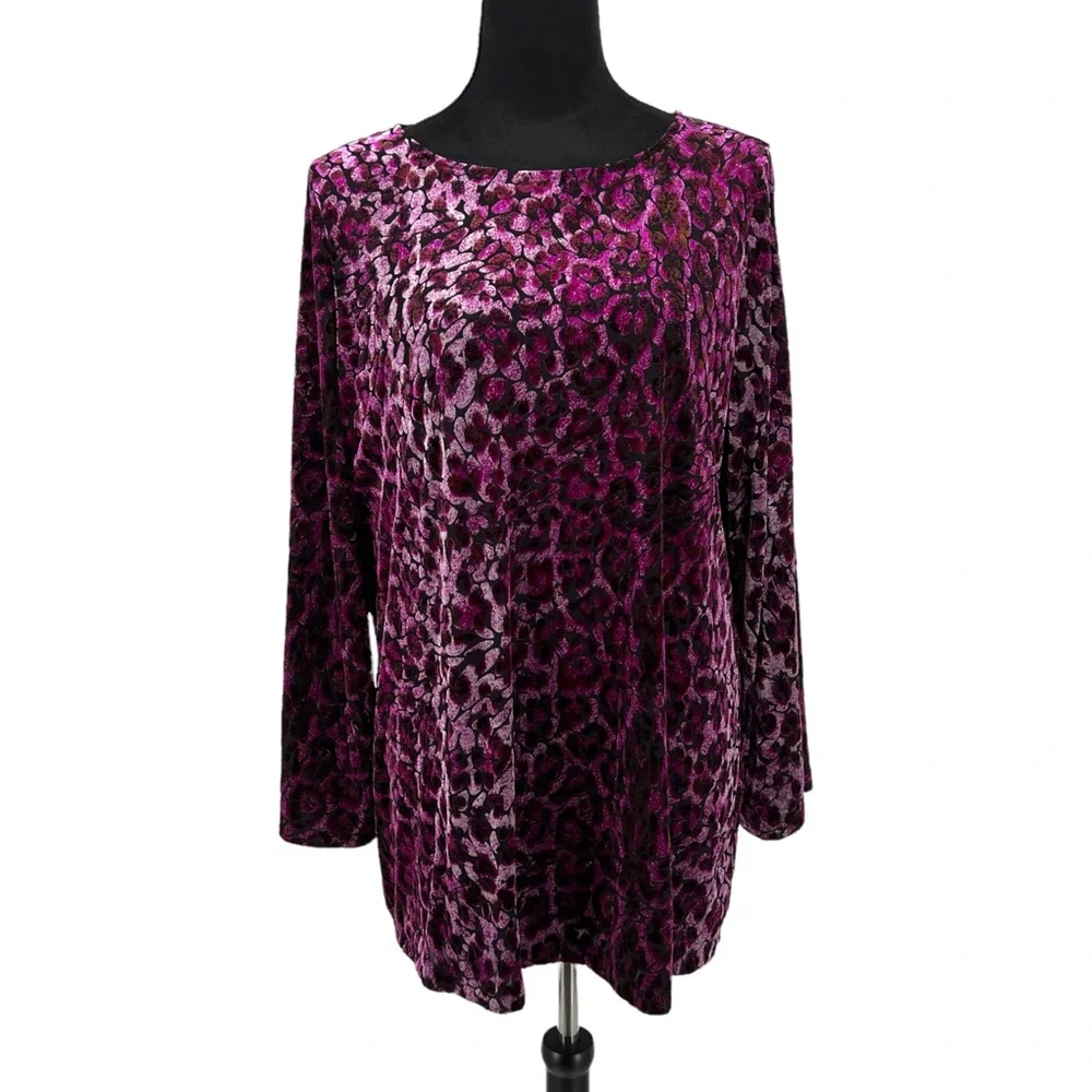 Susan Graver Purple Velvet Leopard Cold Shoulder Blouse Size XL